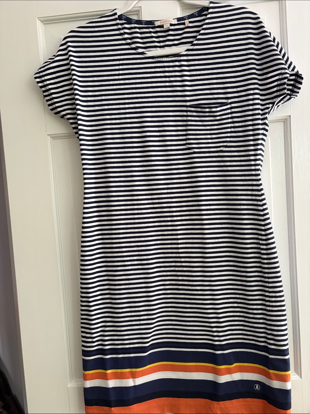 Barbour Navy and White Striped Short Sleeve Dress with Multicolor Hem